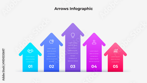Infographic with colorful upward arrows displaying icons and text, illustrating various aspects of business concepts, workflow, and achievements in a visually appealing and organized layout
