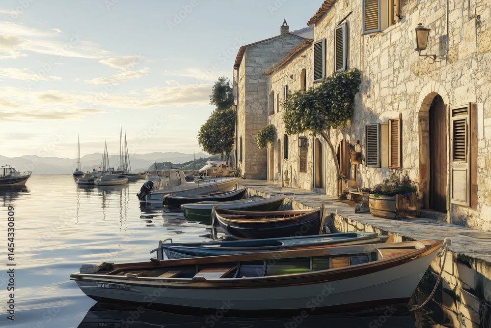Fototapeta premium Stone waterfront houses with docked boats at calm sea in morning light