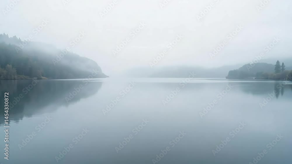 Calm misty lake scenic view nature background relaxing tranquil water reflection scenery Calm misty lake scenic view nature background relaxing tranquil water reflection scenery