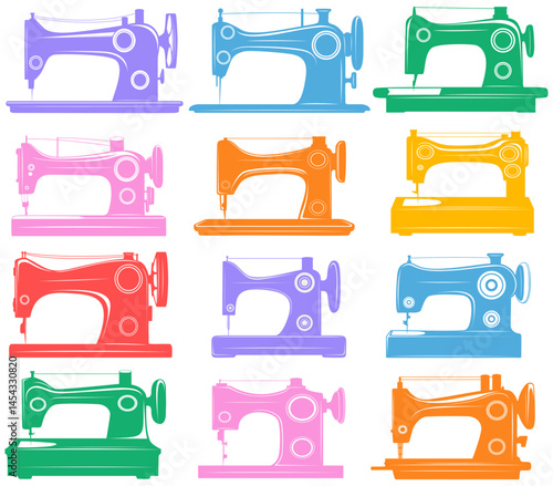 set retro colorful sewing machine. fashioned tailor machine 80s, 90s vintage style design vector illustration