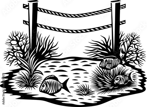 SVG vector illustrating reef rehabilitation and marine ecosystem restoration. Black and White Illustration of a Tranquil Pond and Fish Scene