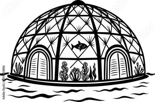 SVG vector illustrating reef rehabilitation and marine ecosystem restoration. Geodesic Dome Structure with Fish and Marine Plants in Water