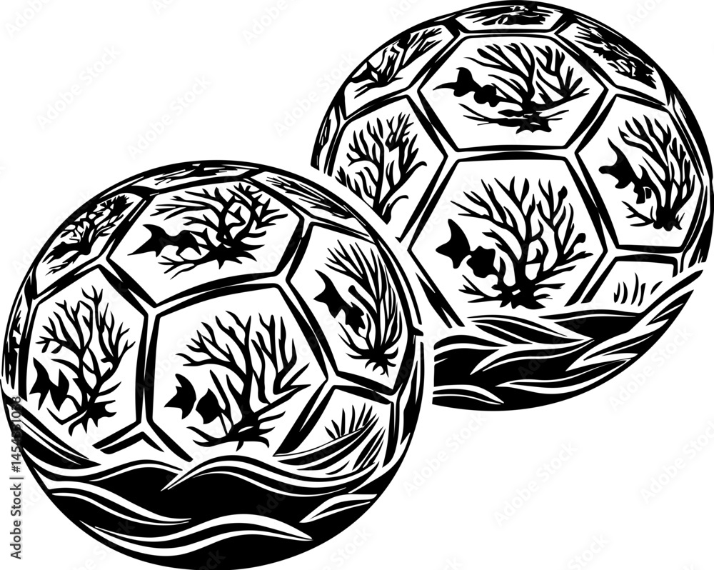 Obraz premium SVG vector illustrating reef rehabilitation and marine ecosystem restoration. Artistic Black and White Illustration of Coral Reef and Fish Balls