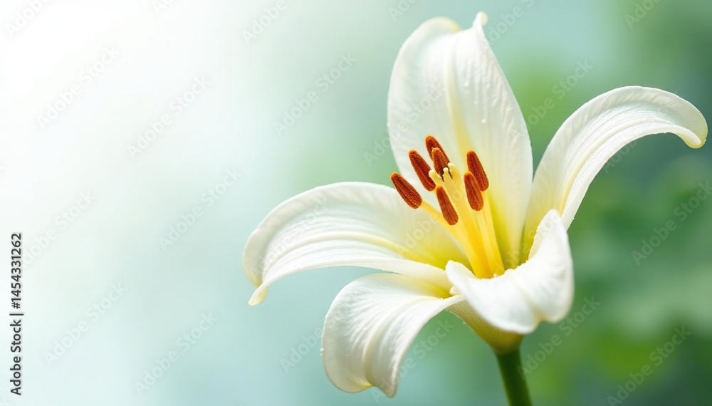 Obraz premium Glistening dewdrop on a white spider lily petal, stark white background, stock, fresh, flora