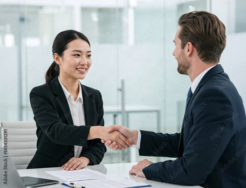 Smiling Asian Businesswoman Shaking Hands with Caucasian Businessman Smiling Asian Businesswoman Shaking Hands with Caucasian Businessman
