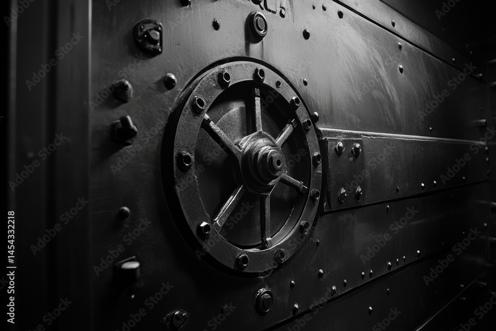 Close-up of a heavy metal vault door, featuring a circular mechanism and numerous rivets. Dark, industrial aesthetic Close-up of a heavy metal vault door, featuring a circular mechanism and numerous rivets. Dark, industrial aesthetic