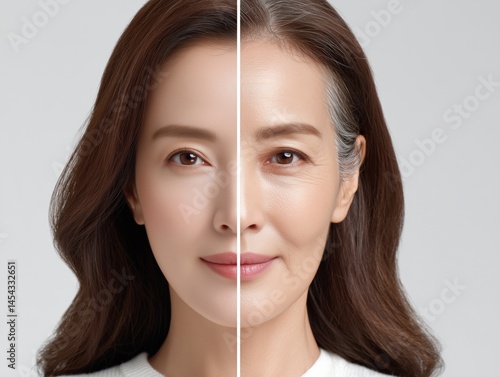 Obraz na płótnie Before and after aging skincare concept portrait, Side-by-side comparison of a middle-aged woman with youthful skin and visible aging, illustrating skincare or age progression effects. Generative by A w salonie