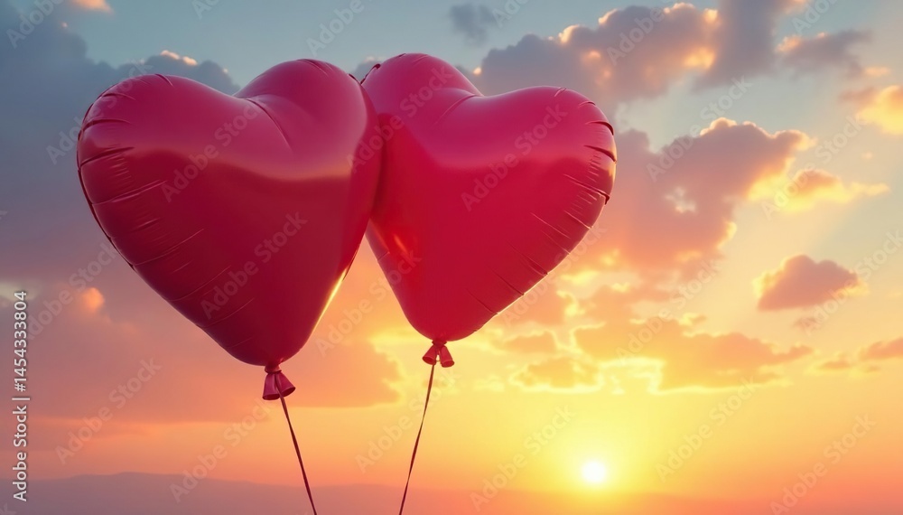 Heart-shaped balloons floating against sunset, lovely, magical Heart-shaped balloons floating against sunset, lovely, magical