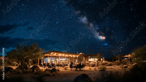 Starry night scene over desert dining area.
