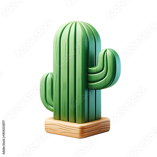 3d green cactus icon with wooden texture isolated on white background