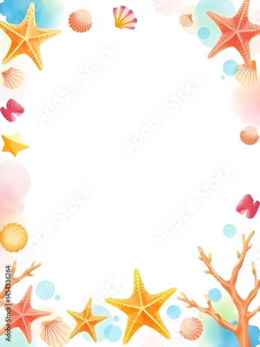 Watercolor Sea Shell Frame,white Copy  Space in Center for Summer Beach Party Flyer Template