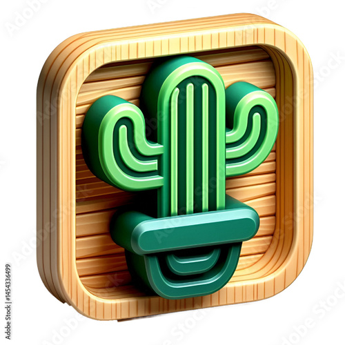 3d green cactus icon with wooden texture isolated on white background