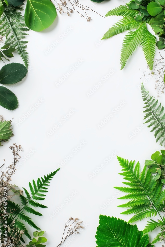 Fototapeta premium Minimal natural frame with fresh green leaves and botanical elements on white background