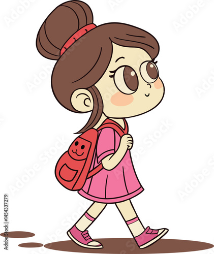 Cute smiling cartoon vector illustration of a little school girl walking with cute bag
