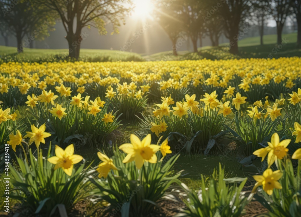Obraz premium Sunlit daffodils burst forth in vibrant yellow against a lush green field , flowers, sunlit