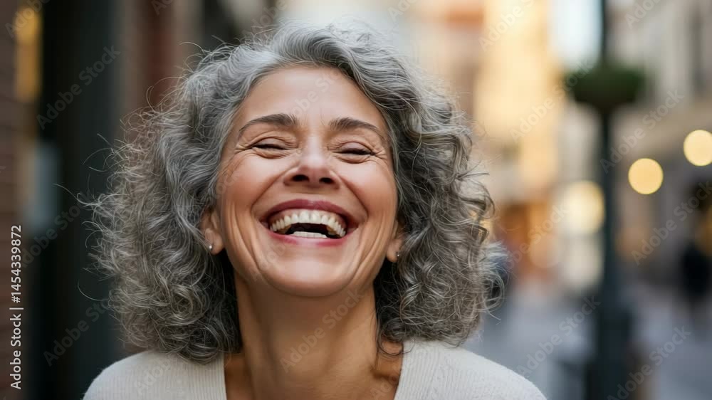 Smiling Elderly Woman with Gray Curly Hair Laughing on City Street with Blurred Background Smiling Elderly Woman with Gray Curly Hair Laughing on City Street with Blurred Background