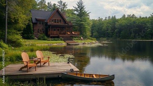Fototapeta Naklejka Na Ścianę i Meble -  Rustic lake house with wooden dock and chairs.