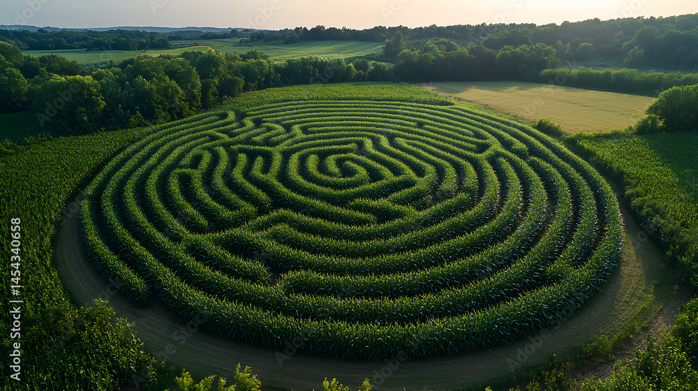 Aerial view of a corn maze stretching across a green summer landscape Aerial view of a corn maze stretching across a green summer landscape