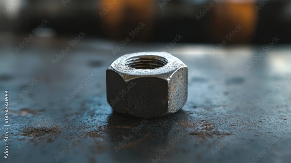 Close-up of a metal nut on a dark surface, with blurred industrial background Close-up of a metal nut on a dark surface, with blurred industrial background