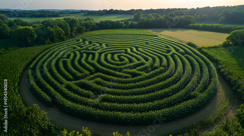 Aerial view of a corn maze stretching across a green summer landscape