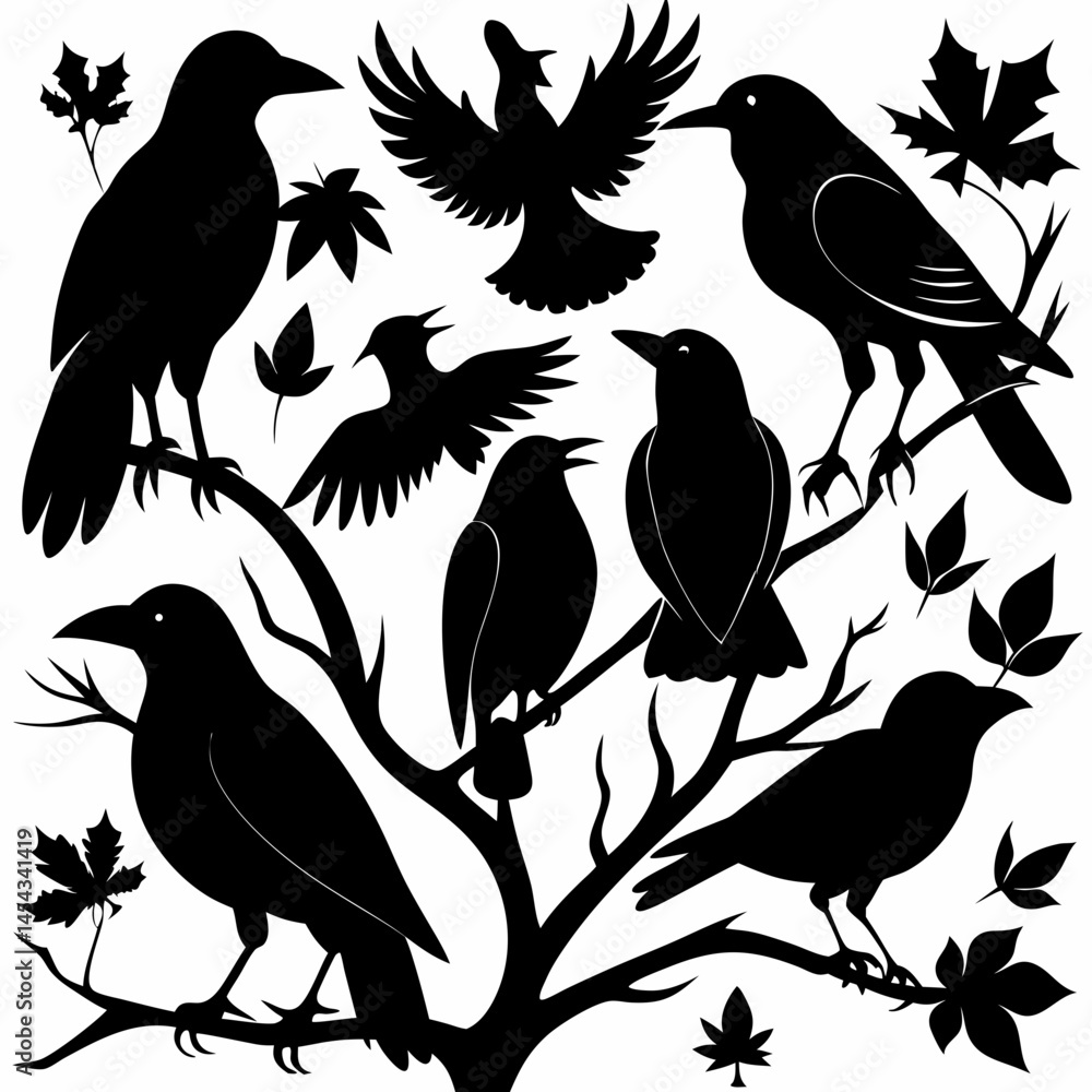 Fototapeta premium Silhouette Collection of Birds on Autumn Branches