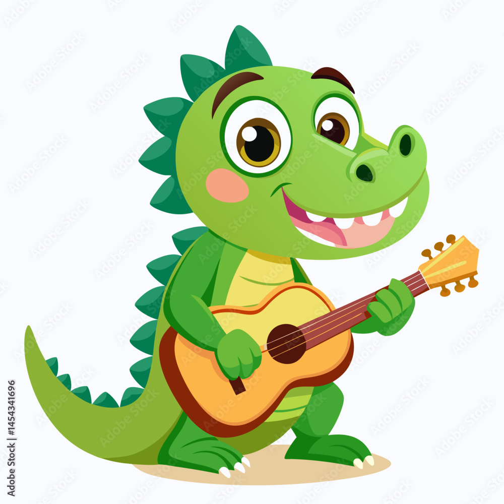 Obraz premium Cute Cartoon Baby Dragon Playing Acoustic Guitar