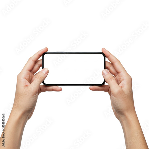 Two hands hold a black smartphone with a blank white screen.