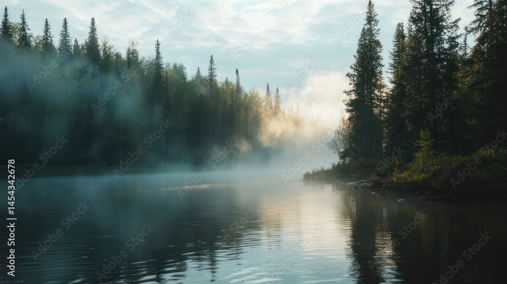 Peaceful forest scene with a calm river, morning fog, and sunlight breaking through the mist Peaceful forest scene with a calm river, morning fog, and sunlight breaking through the mist