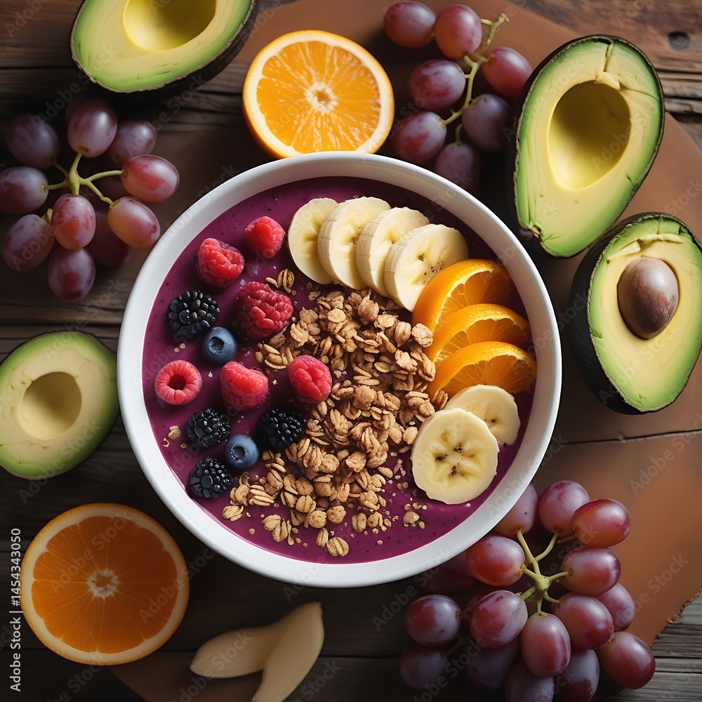 Vibrant Still Life of Phoenix-Inspired Bowl with Fresh Fruits, Granola, and Avocados on Rustic Wooden Surface Vibrant Still Life of Phoenix-Inspired Bowl with Fresh Fruits, Granola, and Avocados on Rustic Wooden Surface