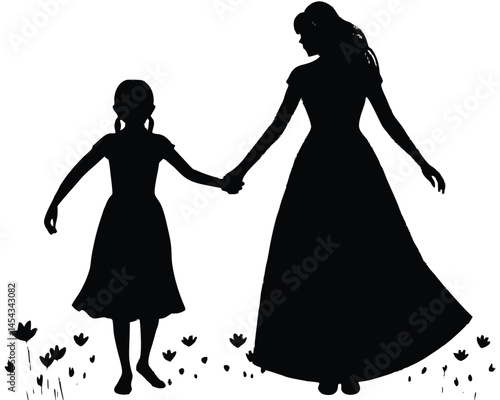 Silhouette of Mother and Daughter Holding Hands in a Field of Flowers