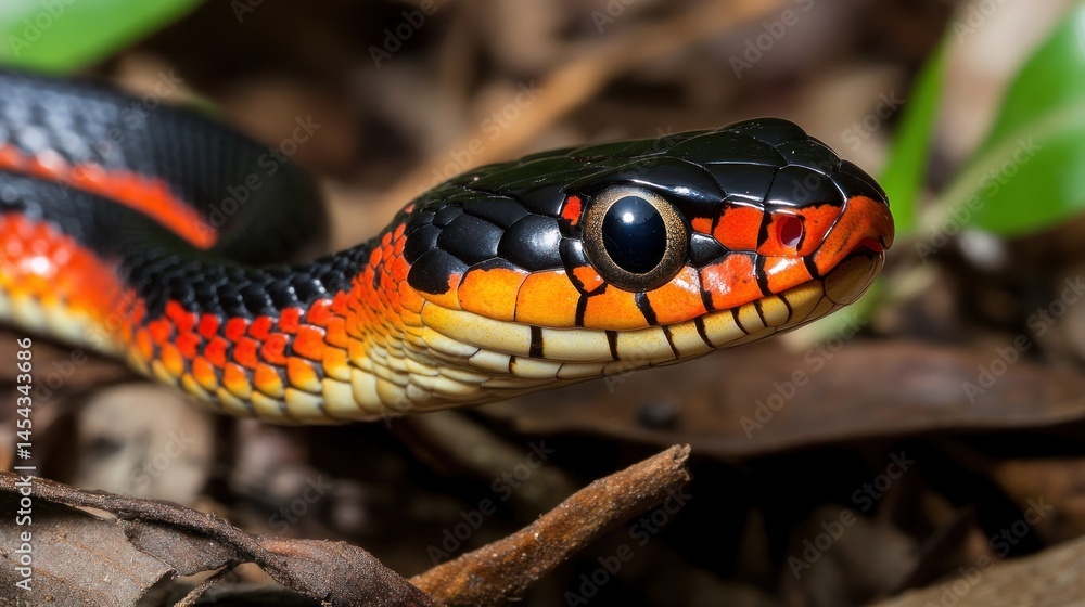 Fototapeta premium Close-up of a venomous red and black snake on forest floor