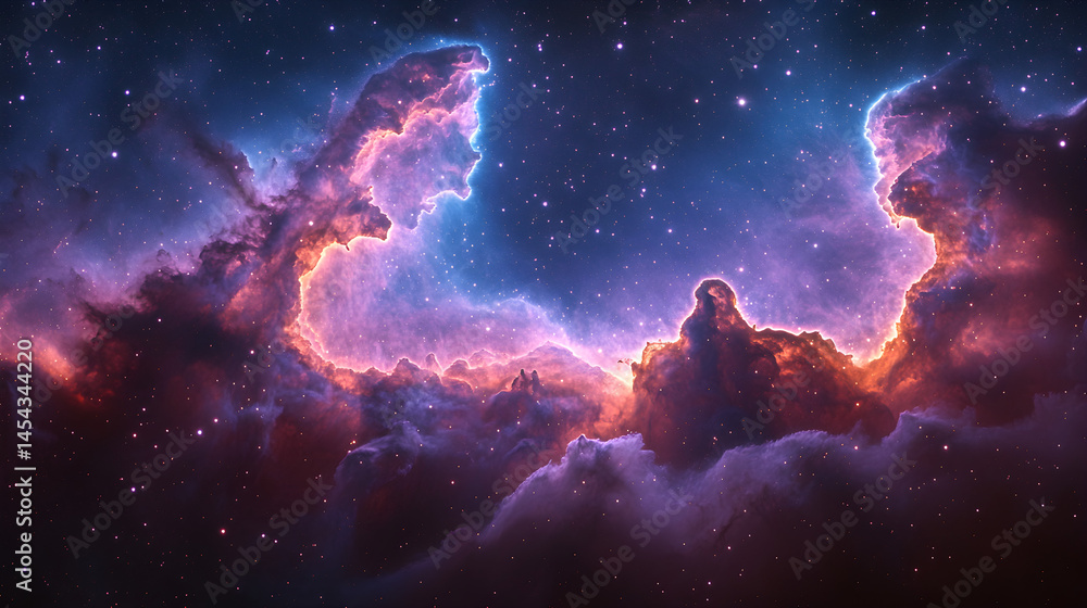 Fototapeta premium Astronaut silhouette observing a glowing purple-blue nebula in a star-filled night sky