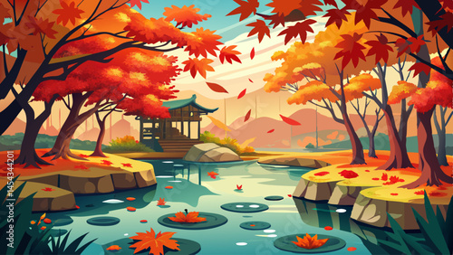Autumn leaves scatter across the water in a quiet Japanese pond beneath fiery maples