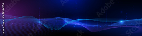 Vector illustration abstract technology with molecule, Flowing dot particle wave flow line, wireframe and dot on blue background. Datum technology network, science, artificial intelligence concept
