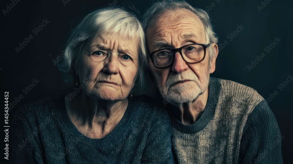 Portrait of elderly couple with stressed expressions, natural wrinkles, subdued lighting Portrait of elderly couple with stressed expressions, natural wrinkles, subdued lighting