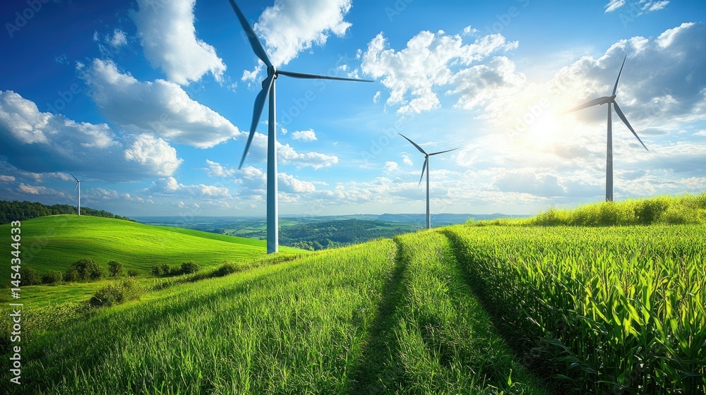 renewable energy solutions, sustainable energy at agriculture farm. wind turbines at green maize or or corn field with blurred wind turbines at background.