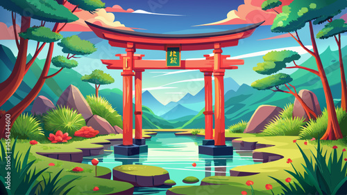 A graceful red torii gate stands near a tranquil pond surrounded by lush greenery