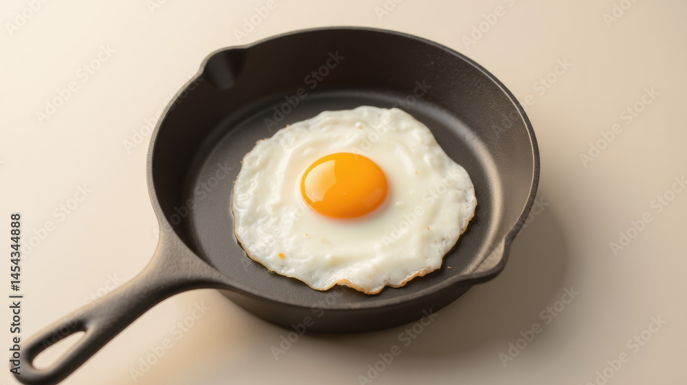Fried egg in cast iron skillet, showcasing bright yellow yolk and white edges, perfect for breakfast or brunch Fried egg in cast iron skillet, showcasing bright yellow yolk and white edges, perfect for breakfast or brunch