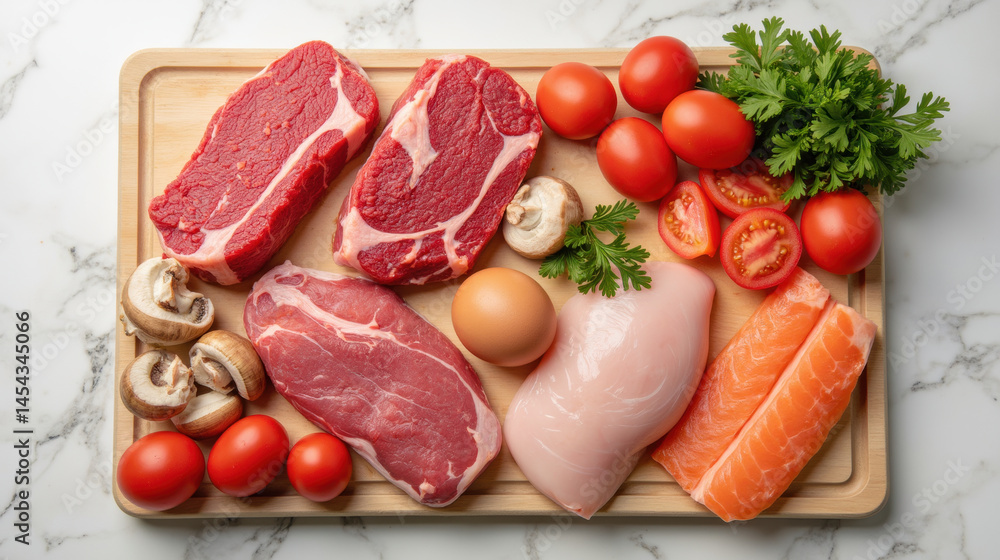 Fresh meat, vegetables, and eggs arranged on wooden board create vibrant display of ingredients for healthy meal Fresh meat, vegetables, and eggs arranged on wooden board create vibrant display of ingredients for healthy meal