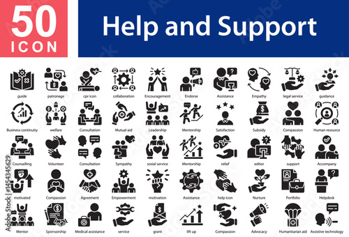 Help and Support Icon Collection Set. guide,patronage,cpr icon,collaboration,Encouragement,Endorse,Assistance,Empathy,legal service,guidance,Business continuity, Icon Symple Glyph Vector