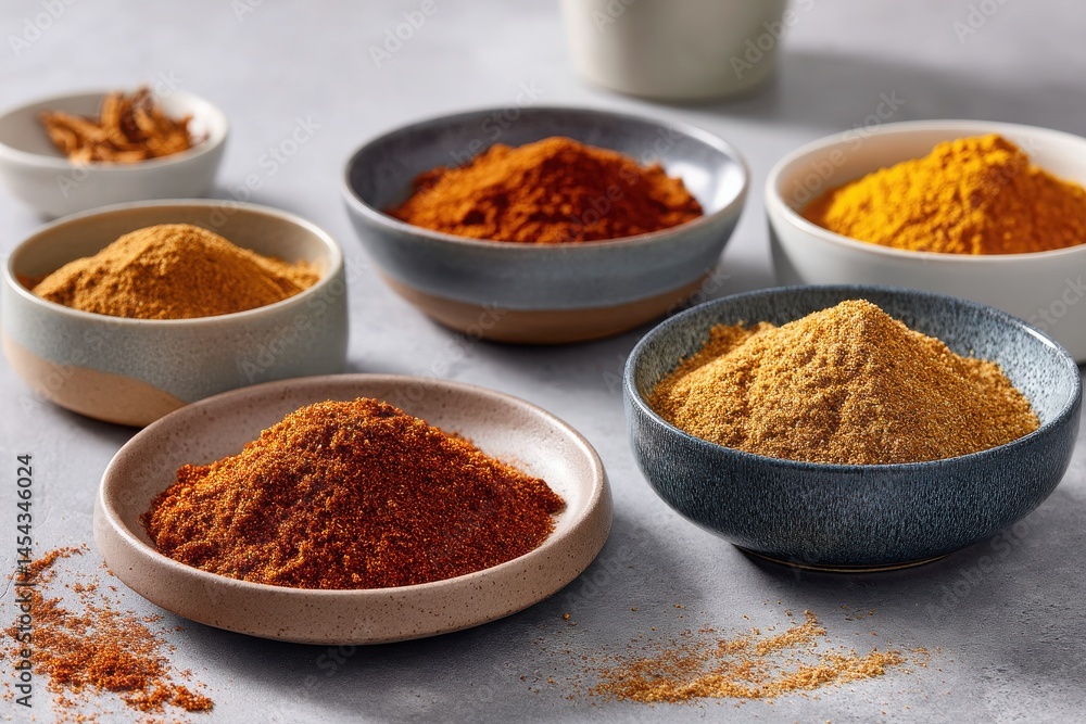 Colorful Collection of Spices in Bowls on Gray Surface Colorful Collection of Spices in Bowls on Gray Surface