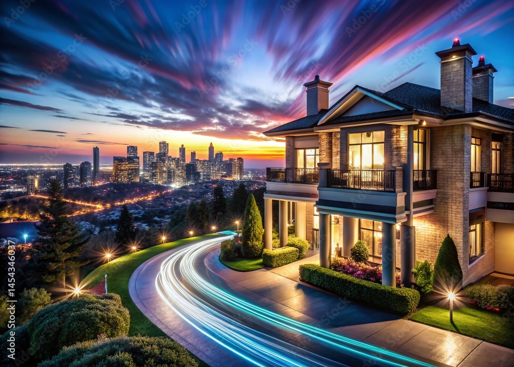 Fototapeta premium Glowing Cityscape at Night: Modern Mansion Long Exposure