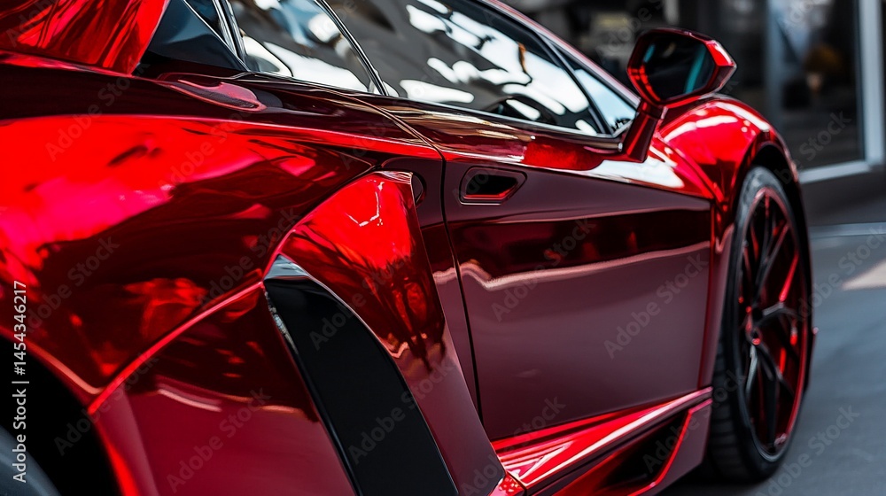 Sleek allure of a red supercar's reflective surface capturing light and shadow Sleek allure of a red supercar's reflective surface capturing light and shadow