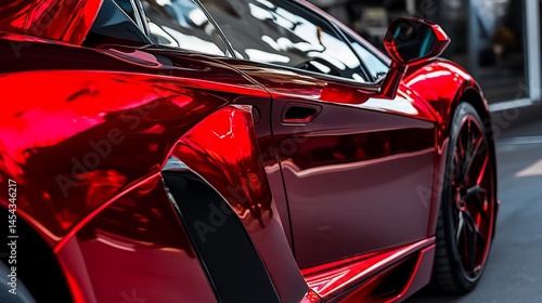 Sleek allure of a red supercar's reflective surface capturing light and shadow