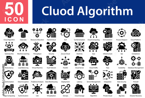 Cluod Algorithm Icon Collection Set. Cloud Algorithm,Data Lake,Resource Allocation,Hybrid Cloud,SLA,Containerization ,Cloud  Computing,Orchestration,Process Diagram , Icon Symple Glyph Vector