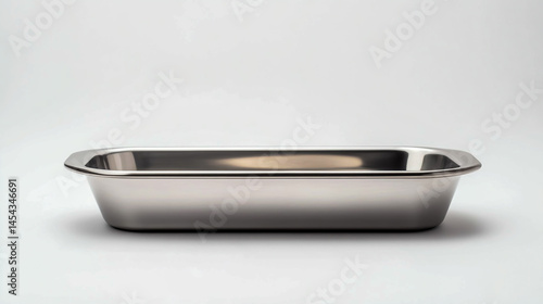 Stainless steel rectangular bread pan, polished and isolated on a white background, shown in side view