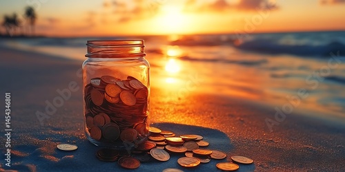 Coins in a jar on the beach at sunset