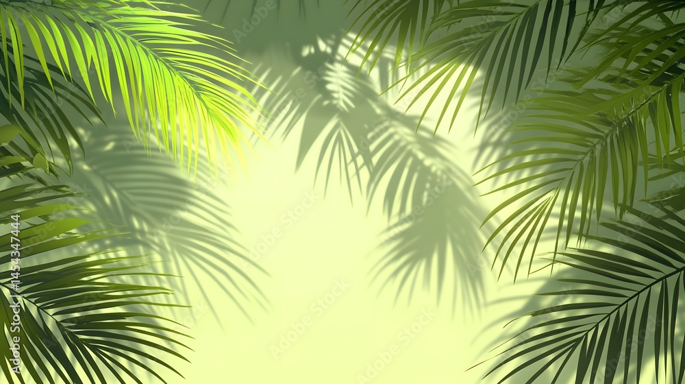 Fototapeta premium Lush palm leaves casting shadows in a sunlit frame.