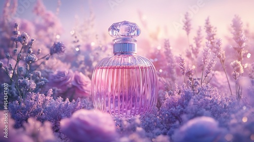 Elegant perfume bottle nestled in a whimsical lavender garden setting