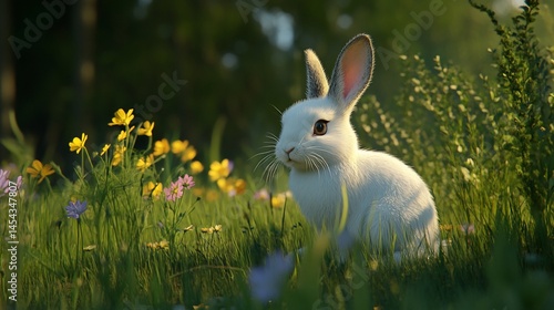 Enchanting spring scene: a whimsical white rabbit amid blooming meadow flowers